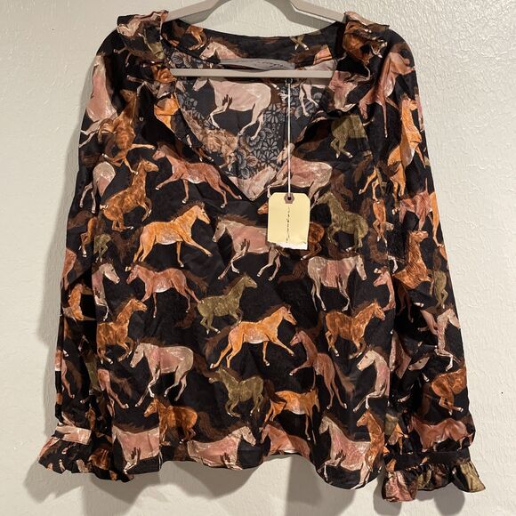 New NWT Raquel Allegra Dolly Satin Blouse Horse Print Sz 3, XLarge Equestrian - Picture 1 of 7